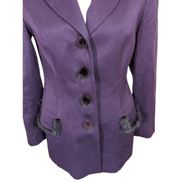 MILLE and UNE Paris Vintage Wool Blend Fur Trim Blazer Jacket Womens US 10 Plum - Picture 2 of 12